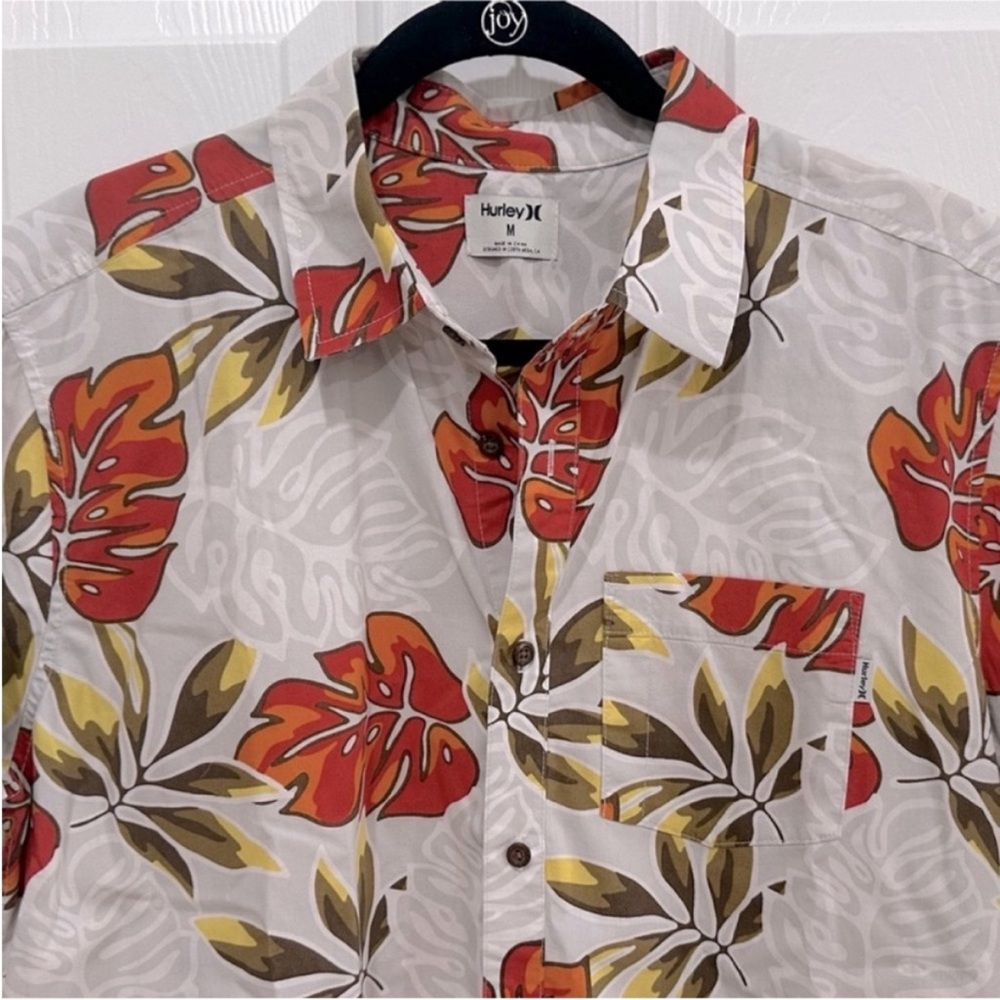 Hurley Short Sleeve Organic Cotton Button Down Gray, Orange & Green Palm Print - Picture 5 of 10